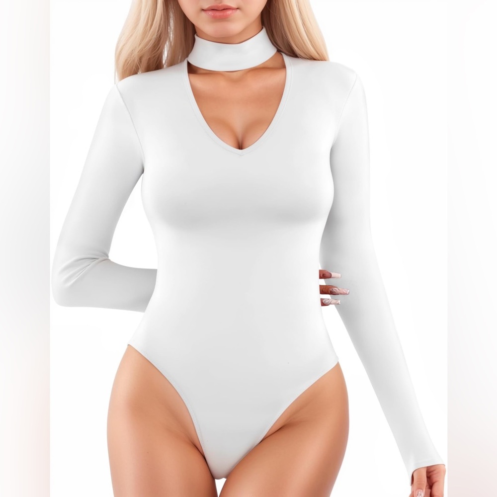 NWT- Mangopop Body Suit- Mock Turtleneck V Neck. Size Small- White. Orig Package
